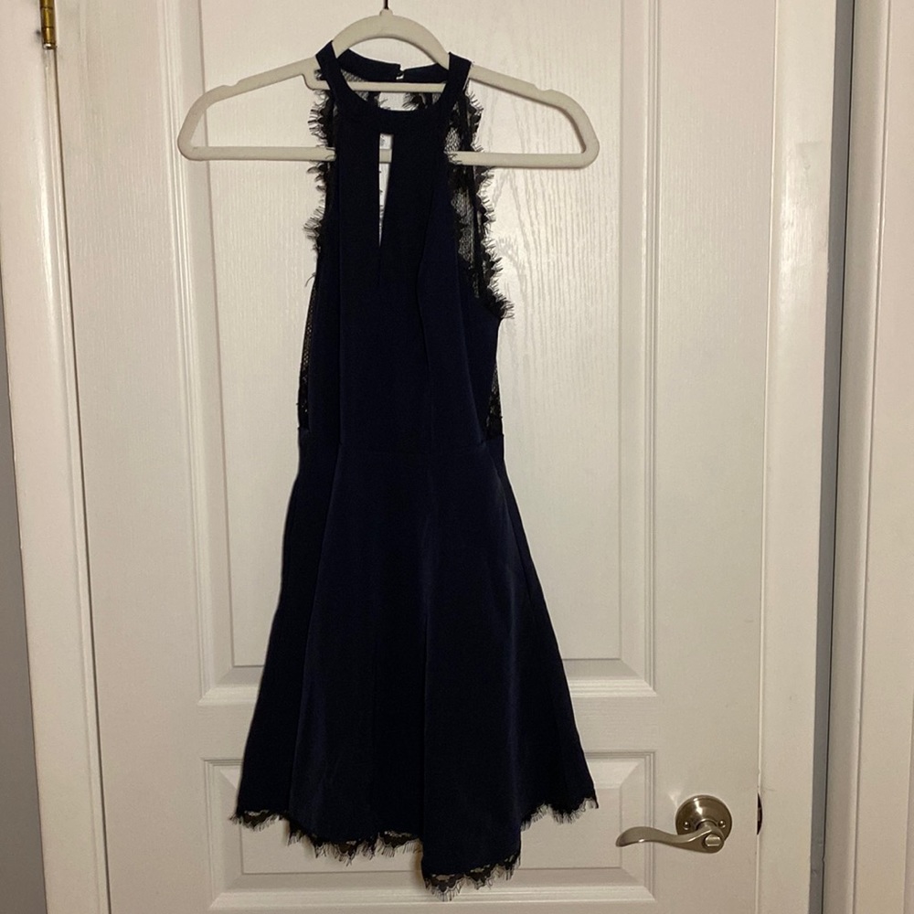 Navy prom dress with lace back